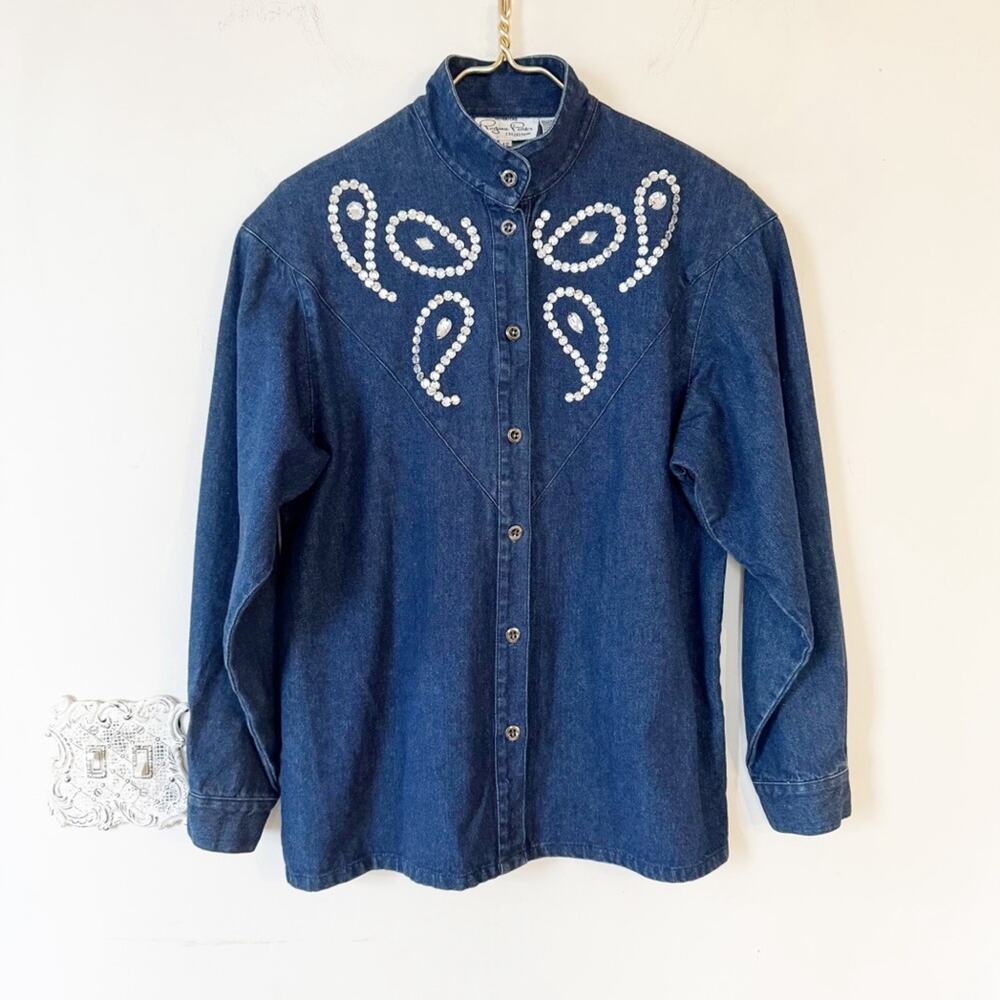 Regina Porter Vintage 80s Rhinestone bedazzled Paisley Denim Western Shirt 12/ L